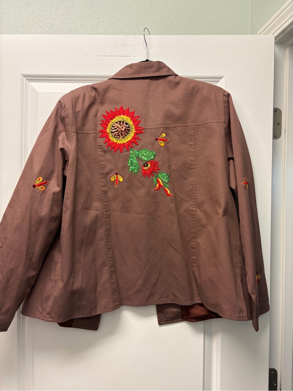 Vtg Women's Embroidered Floral Jacket - Brown Sunflower Design - Picture 5 of 6